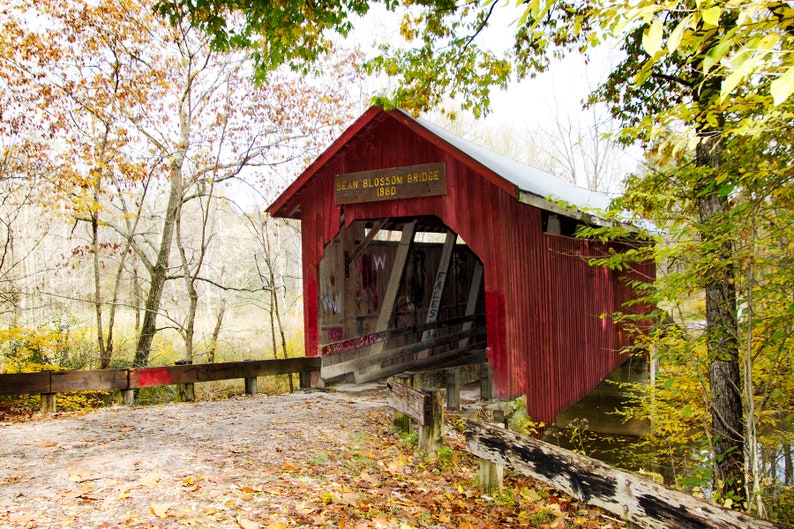 Fall colors, Covered Bridge, Brown County, Indiana, rural countryside, country bridge, red covered bridge, nostalgia, image 1