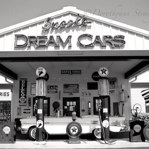 car Photo, black and white art photography, nostalgia, old gas station, car buffs, vintage, dream cars, automobile, good old days, retro