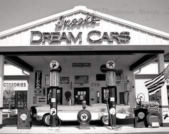 Vintage Car Photo, Black and White Gas Station Print, "Dream Cars"