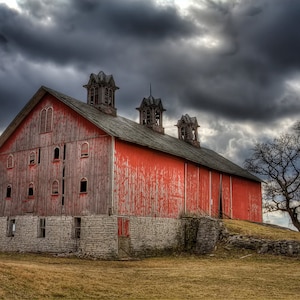 Old Barn art photography, Red, stormy skies, rural landscape, other sizes available image 1