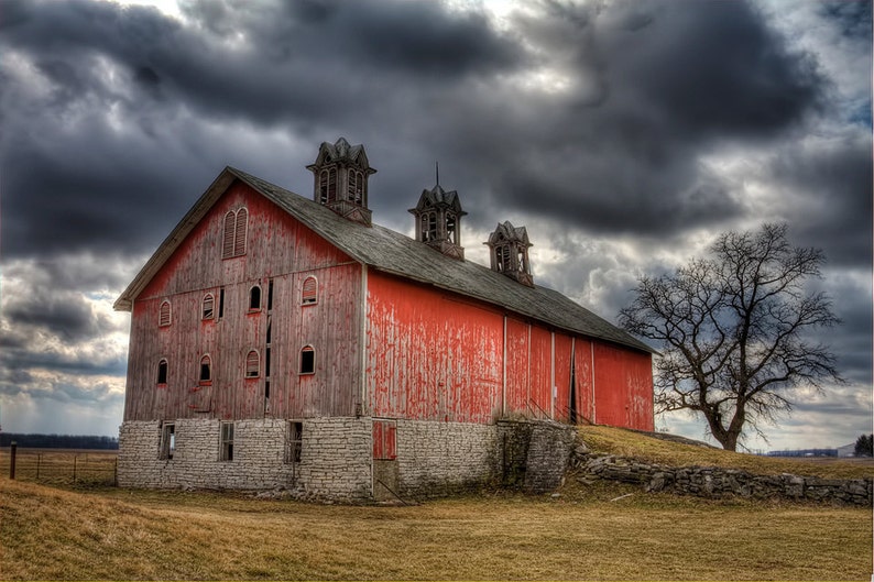 Old Barn art photography, Red, stormy skies, rural landscape, other sizes available image 1