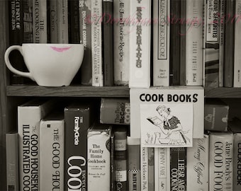 Vintage Cookbook Shelf Photography Print, Pink Lipstick Coffee Cup, Whimsical Sepia Tone