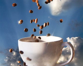 Coffee, coffee beans, Heaven, Fine Art Print, blue sky, clouds, heart, color print, wall decor