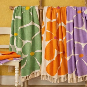 Retro Flower Recycled Cotton Throw Blanket Floral Boho Decor Green Orange Purple 125x150cm Fringe