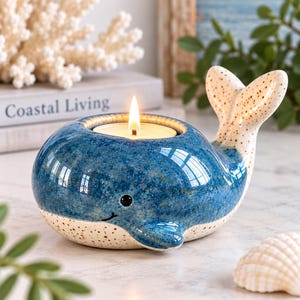 Blue Porcelain Whale Tea Light Holder, Coastal Nautical Decor (10.3cm)