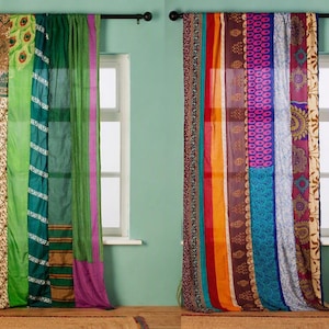 Recycled Sari Curtain Panel – Unique Colourful Patchwork Boho Curtain – Handmade Indian Fabric