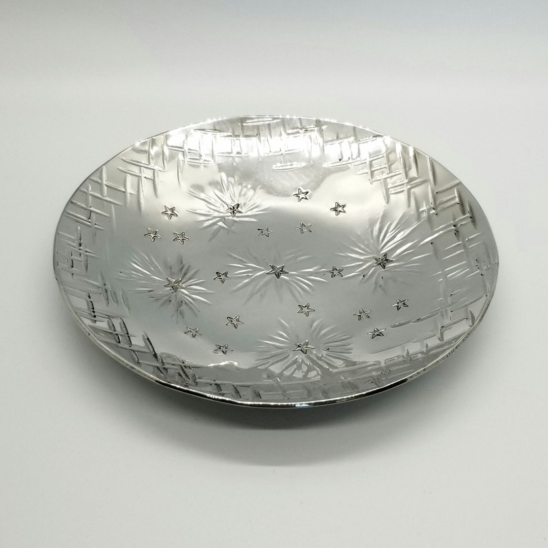 Hammered Pewter Olive Oil Dipping Bowl With Stamped Stars, Fireworks