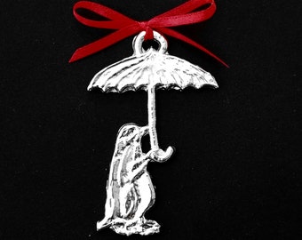 Penguin with Umbrella Pewter Ornament
