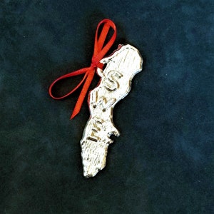 May include: A silver-colored ornament in the shape of a state, with the letters "S" and "WY" visible. A red ribbon is tied to the top of the ornament. The ornament is on a dark background.