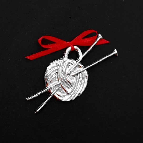 Pewter Knitting Ornament, ball of yarn with knitting needles