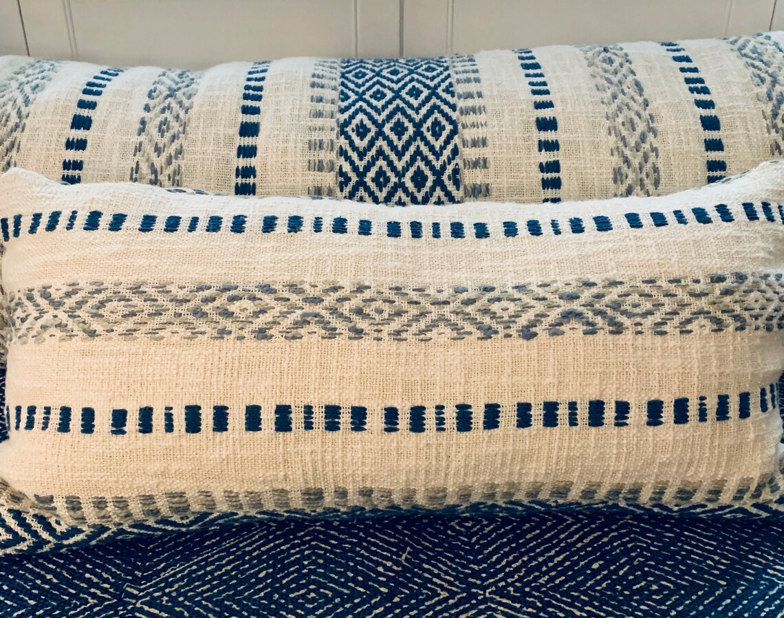 Boho Designer Lumbar Pillow Cover Blue and Beige Cottage Etsy UK