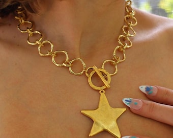 Chunky 18K Gold-Filled Star Statement Necklace – Bold Celestial Cowboy Jewelry, Gift for Her, Antique-Style Layering, Tarnish Resistant