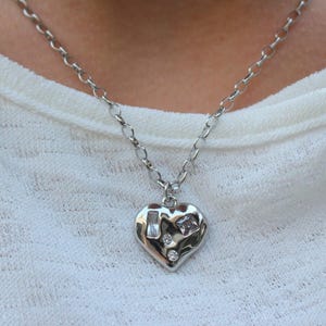 Silver Molten Heart Necklace with CZ Baguette, Dainty Silver Pendant Minimalist Chain, Edgy Romantic Jewelry Gift for Her, Tarnish Resistant