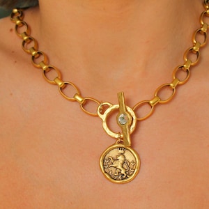 Chunky Lion Coin Necklace: Antiqued Gold Chain with CZ Diamond