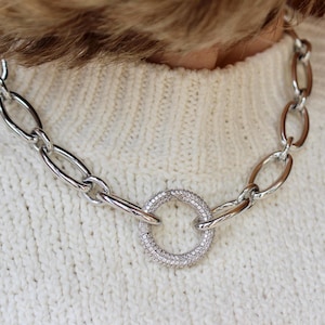 Chunky Silver Chain with CZ Clasp, Galactic Metallic Bold Choker, Oval Link Necklace, Non Tarnish Statement Gift for Her, Layered Look