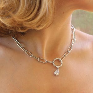 Silver Bezel CZ Teardrop Necklace – Chunky Paperclip Chain with Circle Clasp, Statement Jewelry for Her, Tarnish Resistant, Bold Modern Gift