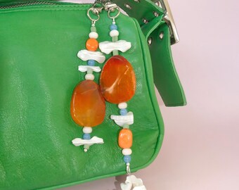 Orange Agate & Shell Beaded Bag Charm, Colorful Blue Gemstone Purse Accessory, Handmade Boho Keychain