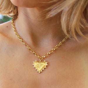 14K Gold Filled Heart Necklace, Studded Heart Pendant on Gold Oval Chain, Statement Gold Jewelry Gift for Her, Handmade Gift for Her