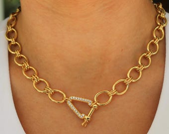 Gold Chunky Oval Pendant Necklace: CZ Pave Carabiner Clasp