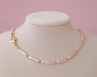 Pink Freshwater Pearl Necklace — Gold Filled Spacers & Decorative Lobster Clasp