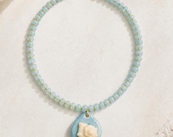 Blue Beaded Shell Necklace, Ceramic Seashell Pendant, Coastal Statement Necklace, Ocean Jewelry