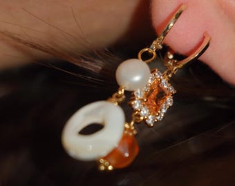 Asymmetrical Pearl Shell Earrings Peachy Orange Gemstone Earrings, Gold Hoop Statement Set