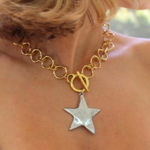 Chunky Mixed Metal Gold and Silver Star Statement Necklace for Women, Celestial Inspired, Gold Chain, Non Tarnish, Antique Layering Necklace