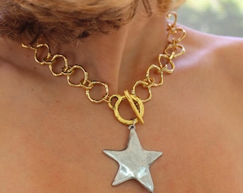 Chunky Mixed Metal Star Necklace: Gold Chain, Antiqued Silver Pendant Vintage Jewelry