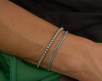 Mens Silver Curb Chain Bracelet, Stainless Steel, Double Link, Minimal Jewelry