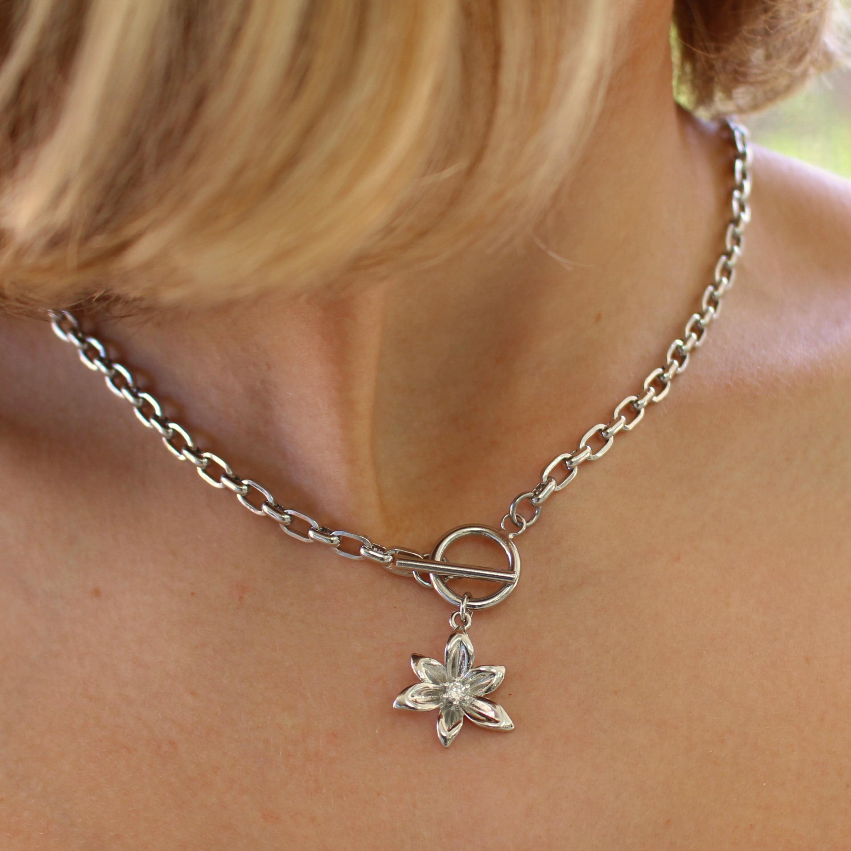 CZ Flower Rolo Chain Necklace: Silver Toggle Clasp, Tarnish