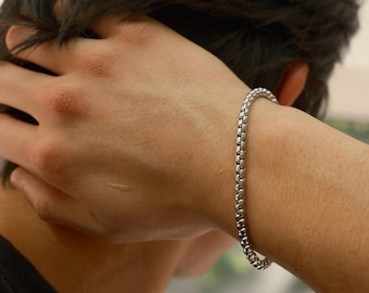 Mens Silver Box Chain Bracelet, Stainless Steel, Minimalist Chain Jewelry