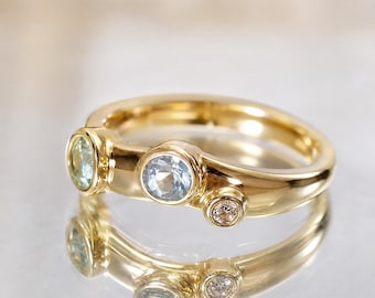 14k Solid Gold Saphir und Aquamarin Ring, skulpturale Drei Stein Lab Diamant edlen Schmuck