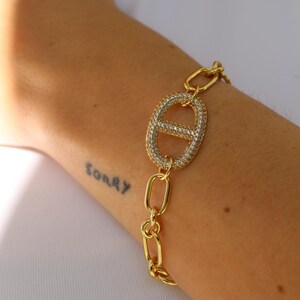 18k Pave Gold Filled Bracelet - Pave Oval Design, Non Tarnish Waterproof Gift, Adjustable 6-7 Inch Chunky Paperclip Chain