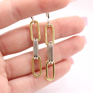 Mixed Metal Paperclip Chain Huggie Earrings 2&quot; - Dainty Gold Filled Silver & Gold Hoops, Unique Gift for Mom, Gift for Her, Non Tarnish
