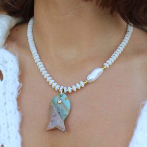 Fish Pendant Necklace with Freshwater Pearl Accent, White Glass Beads and Gold Filled Spacers, Coastal Statement Jewelry, Maritime Choker
