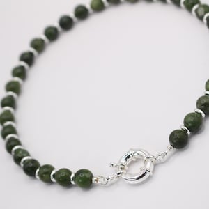 Beaded Necklace with Canadian Jade & Silver, Hand Beaded Choker, Statement Jewelry, Unique Spring Clasp, Gift for Her
