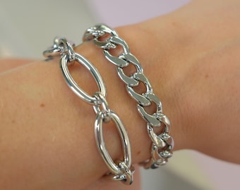 Silver Chain Bracelet Set or Individual Chunky Link Curb Stack Minimalist Jewelry