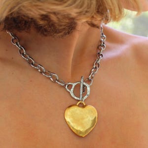 Chunky Silver Necklace with Gold Statement Heart, Antiqued Silver Chain Statement Jewelry, Thick Chain, Non Tarnish Jewelry, Gift for Her