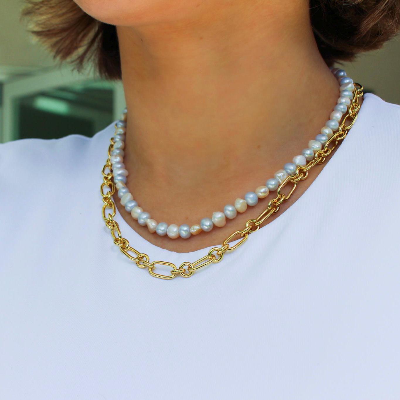 Layered Pearl & 14K Gold Filled Chain Necklace, Mixed Texture Coastal Jewelry, Non Tarnish Choker Gift for Her, Modern Mermaidcore Look