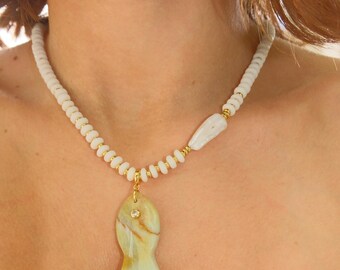 Amazonite Fish Pendant Beaded Necklace, Freshwater Pearl, Coastal Chic Stone Necklace, Mediterranean Style Jewelry