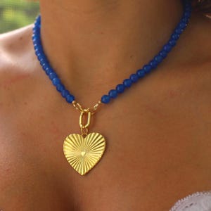 Royal Blue Agate and Gold Heart Necklace, Beaded Gemstone Choker, 18k Gold Filled Charm, Statement Jewelry Gift for Her, Custom Size