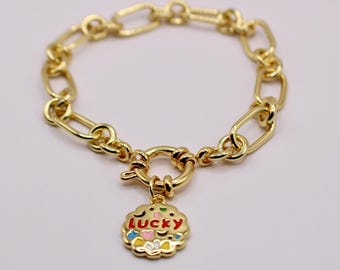 18k Gold Bracelet with Lucky Charm with Spring Clasp, Tarnish Resistant