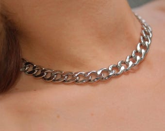 Silver Curb Chain Necklace 7mm Chunky Statement Minimalist Unisex Jewelry
