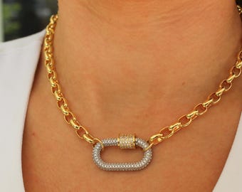 18k Gold Filled Rolo Chain Necklace with Silver & Gold Pavé Carabiner Pendant, Mixed Metal Statement Jewelry, Modern Gift for Her