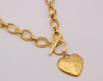 Chunky Statement Large Heart Necklace & Antiqued Gold Chain, 15-18 Inches, Trendy Jewelry for Women, Bold Accessory, Gift Idea, Toggle Clasp
