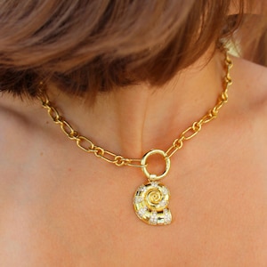 Chunky 18k Gold Filled Pave Nautilus Shell Necklace with CZ Crystals, Chunky Paperclip Chain Choker, Coastal Chic Jewelry, Mermaidcore Gift