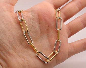Two-Tone Chain Choker, 14k Gold & SilverPaperclip Necklace, Modern Mixed Metal Jewelry, Dainty Layering Necklace with Hinge Clasp