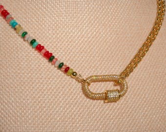 Split Gold Chain and Multicolored Bead Pavé Carabiner Necklace