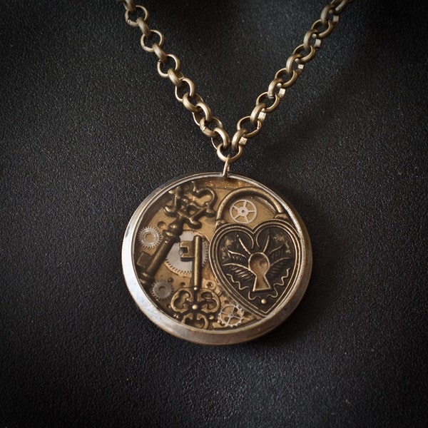 Steampunk Antique Watch Gears and Skeleton Key and Lock Resin Necklace