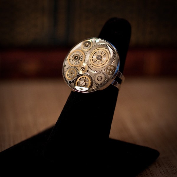 Steampunk Bold Antique Watch Gear and Resin Ring